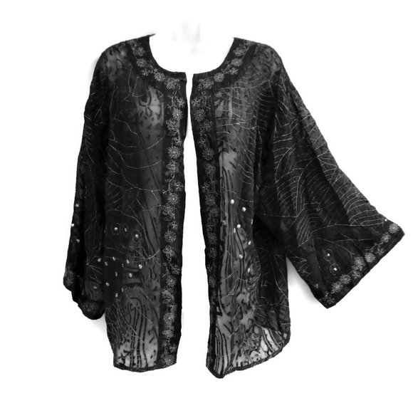 SiLK Rayon Metallic Blend Chicos Kimono Jacket Sheer Lame Black Floral 2 L 12 - Picture 2 of 8